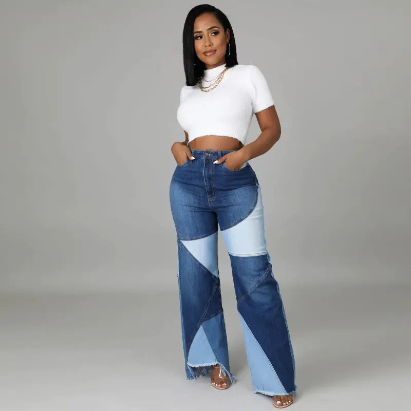 Washed Stitching Wide Leg Denim Jeans - Satin & Sox