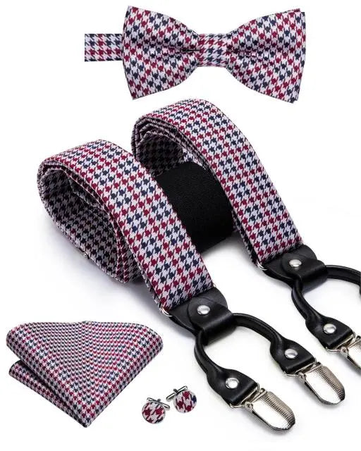 Men's Red Navy Dogtooth Bow Tie and Braces Set - Satin & Sox