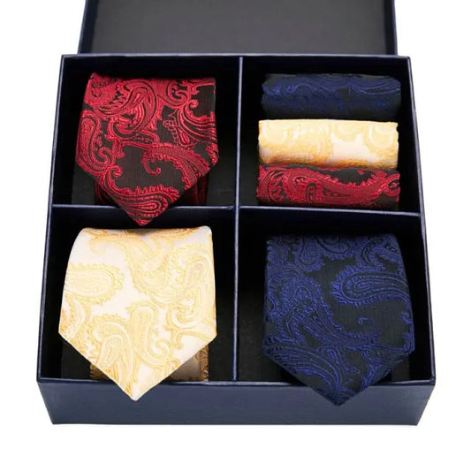 Men's Red Navy Yellow Formal Neck Tie and Hanky Gift Box - Ashir - Satin & Sox