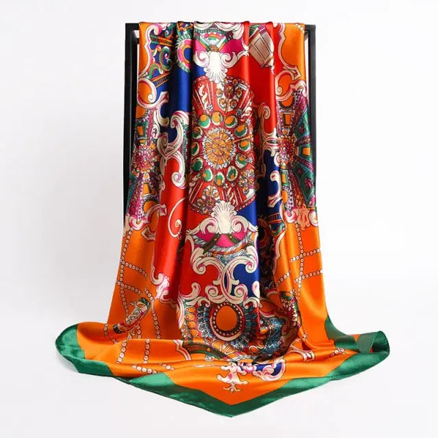 Large Satin Scarf Orange and Green Japanese Royal Print - Satin & Sox