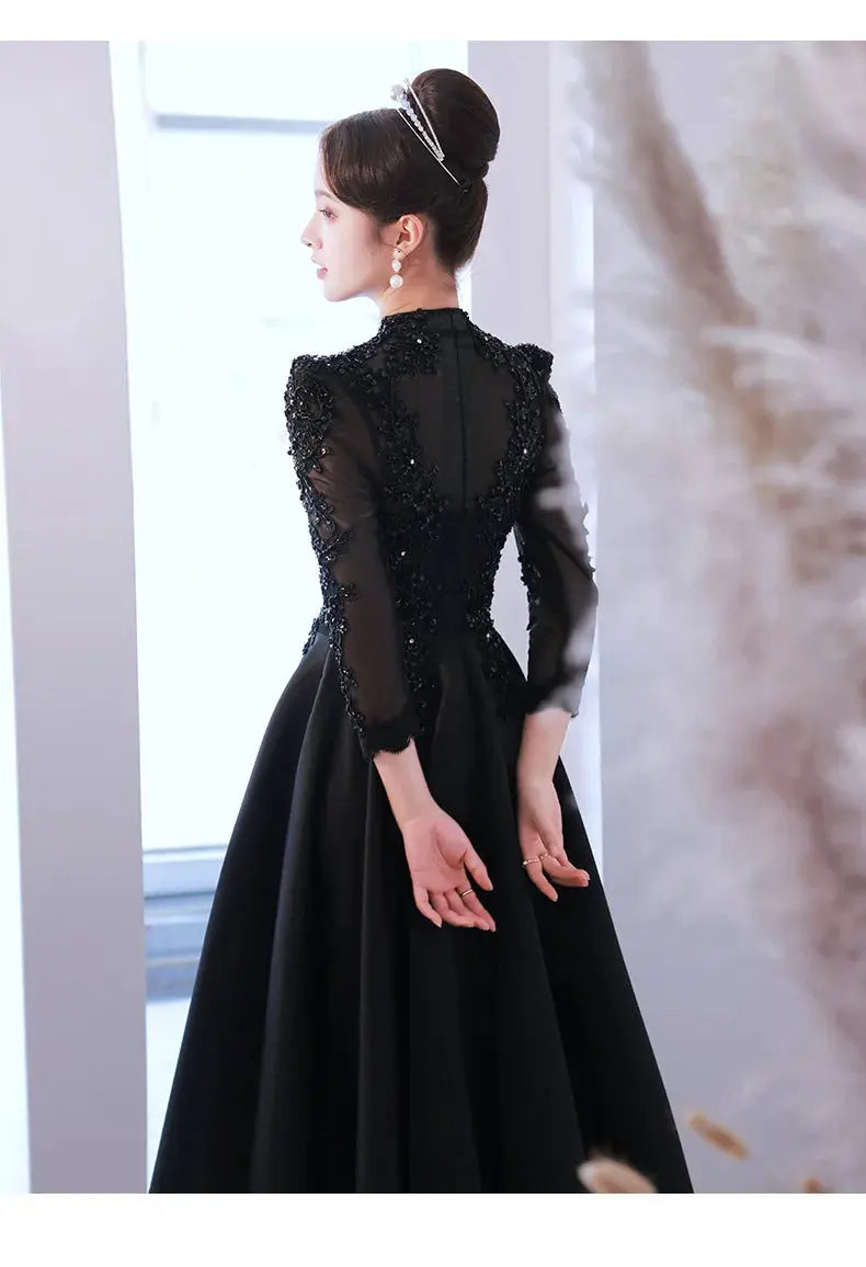 Exquisite Long Black Evening Dress Beading Mesh Sleeve - Image #3