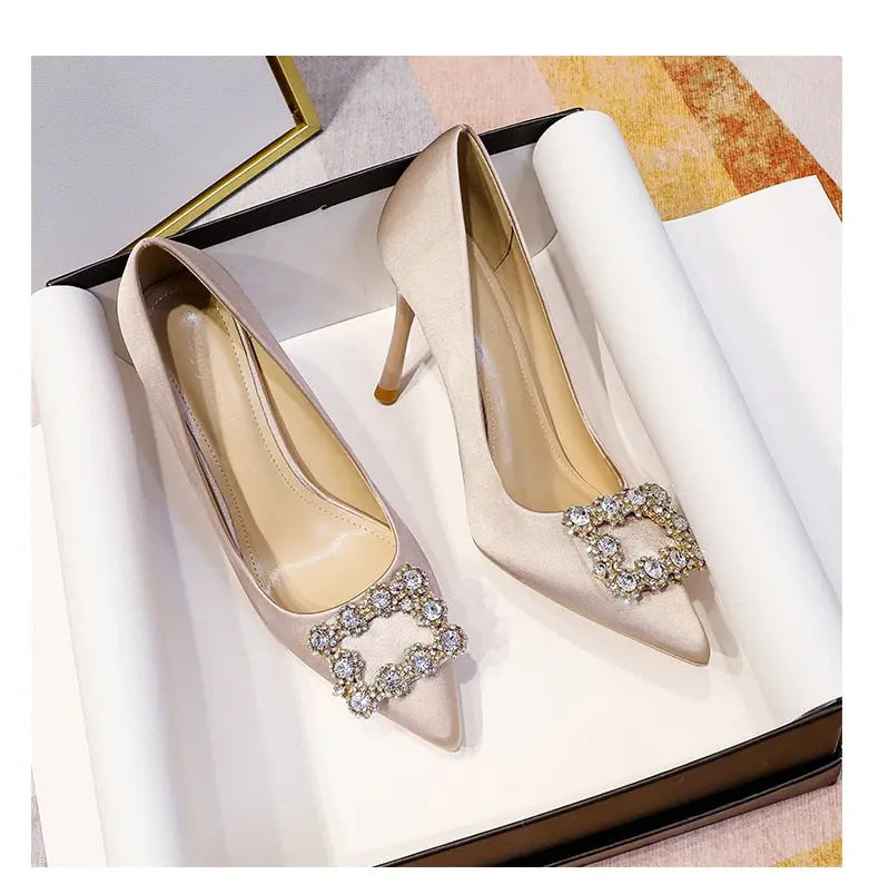 Satin Wedding Bride Court Stiletto Shoes with Rhinestone Clasp and Pointed Toe - Satin & Sox