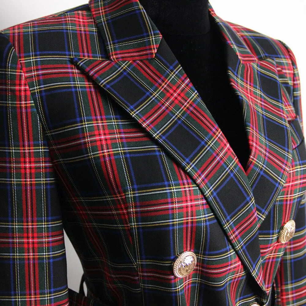 Red Tartan Military Coat with Collar and Belt - Satin & Sox