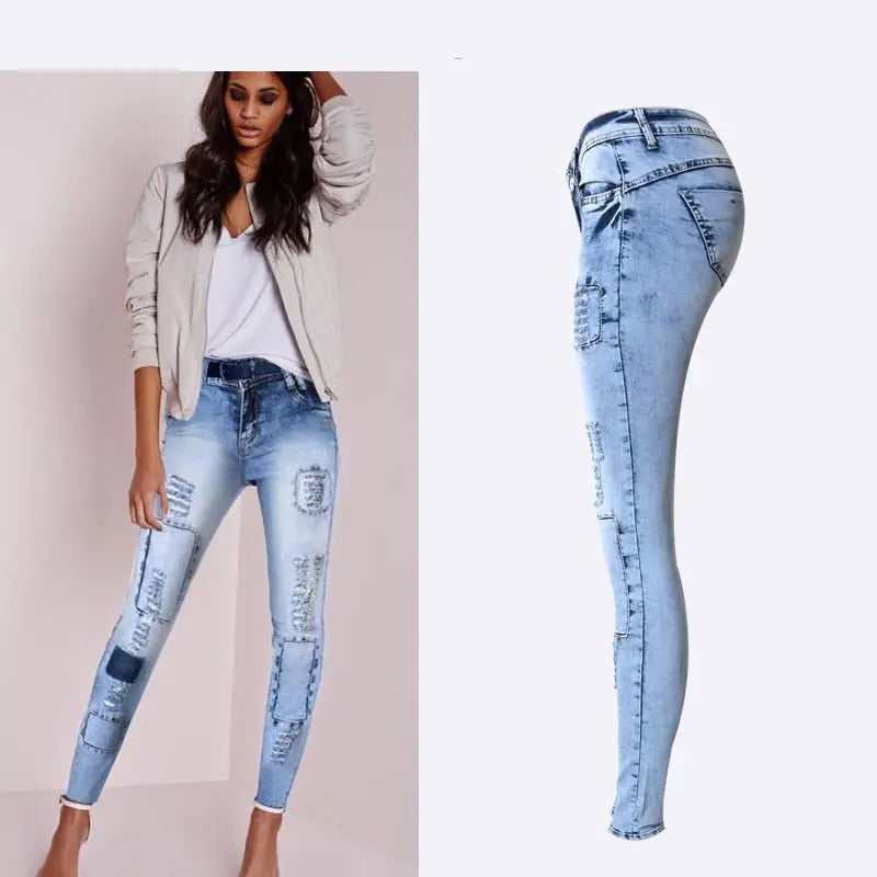 Sky Blue Patchwork Skinny Jeans - Satin & Sox