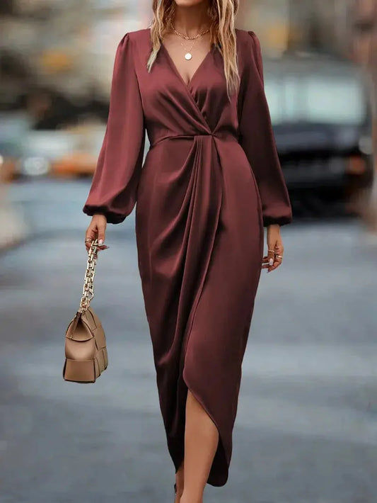 Long Sleeve Satin Wrap Dress - Image #1