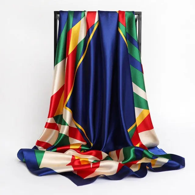 Royal Blue Designer Print Large Satin Silk Scarf - Satin & Sox