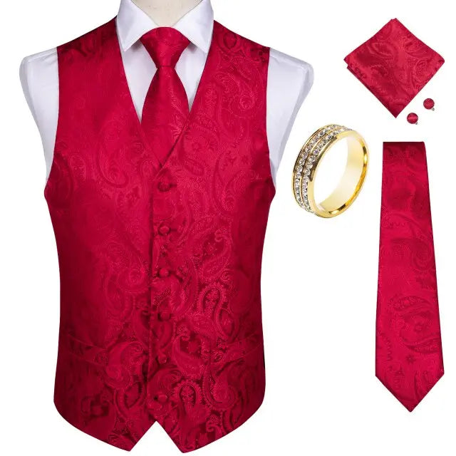 Men's satin waistcoat and tie set Red Paisley - Satin & Sox