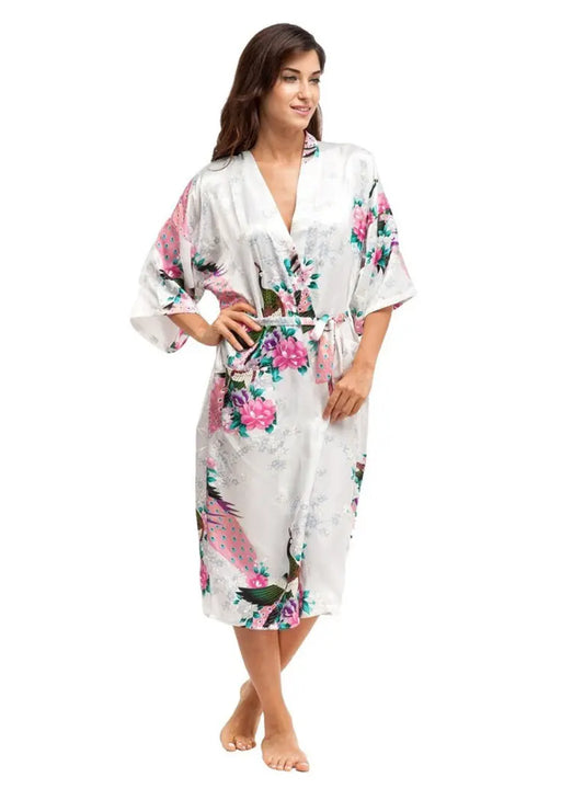 Long Satin Kimono style dressing gown Cream and Pink - Satin & Sox