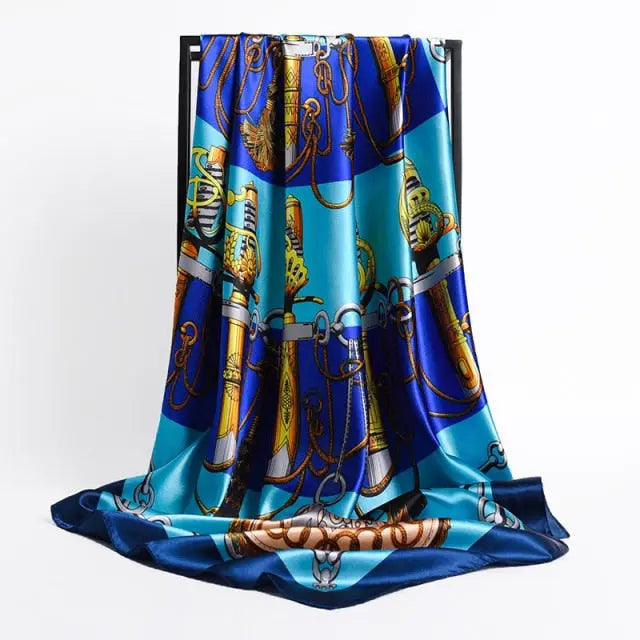 Blue Hue Gold Chain Print Large Satin Scarf - Satin & Sox