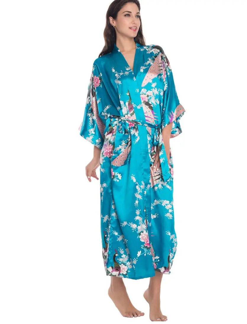 Long Satin Kimono style dressing gown Turquoise blue - Satin & Sox