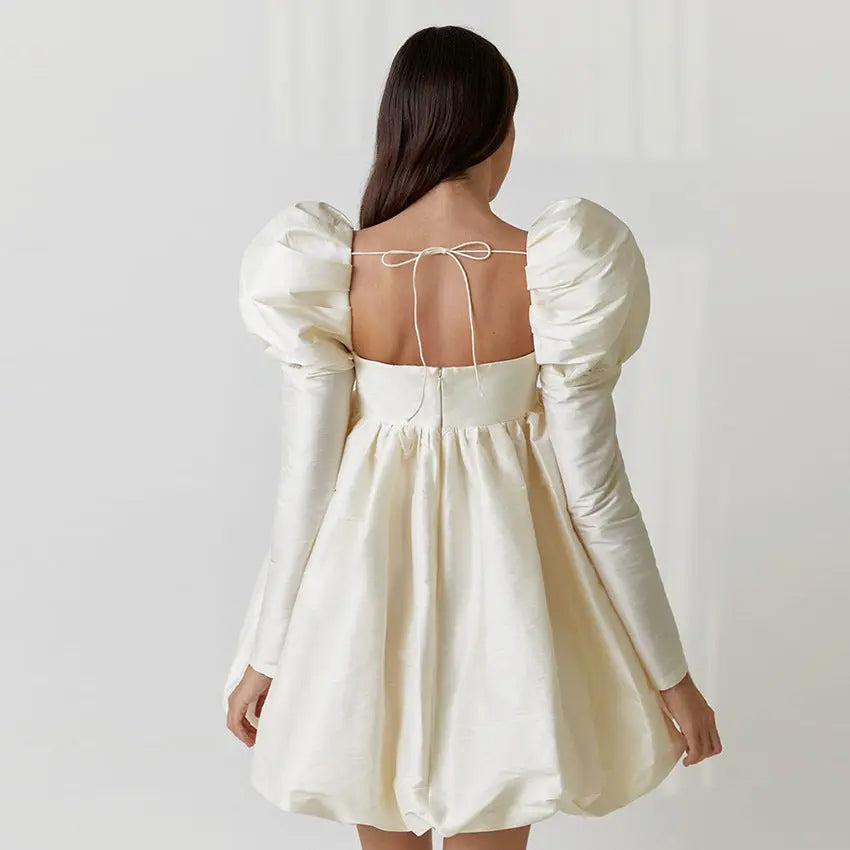 Beige Puff Sleeve Satin Mini Dress - Image #3