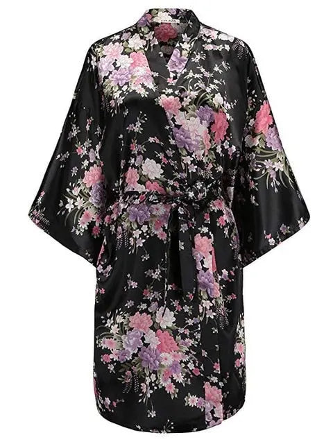 Black Satin and Pink Robe Kimono - Satin & Sox