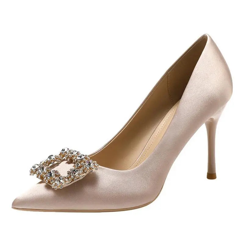 Satin Wedding Bride Court Stiletto Shoes with Rhinestone Clasp and Pointed Toe - Satin & Sox