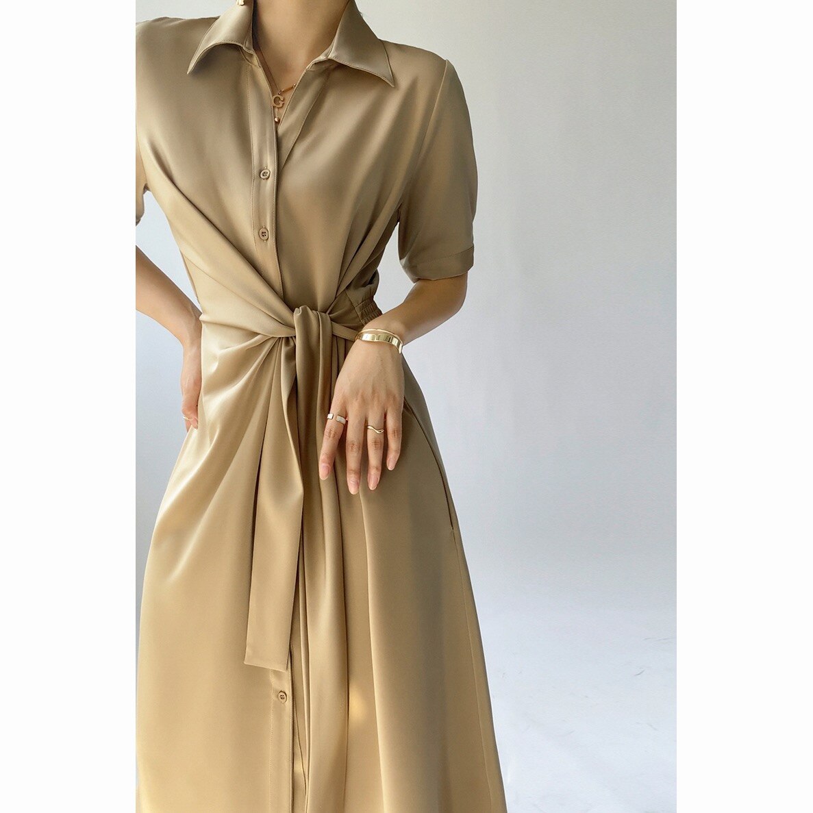 Satin Shirt Dress with Waist tie belt - Satin & Sox