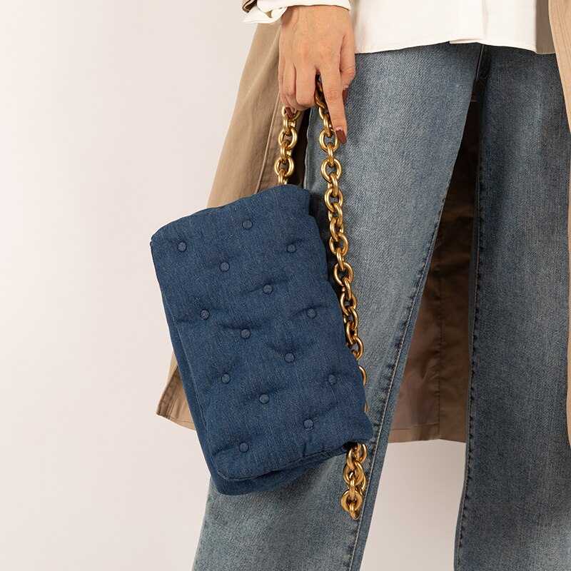 Dark Blue Chesterfield Small Handbag with Chunky Gold Chain Strap - Satin & Sox