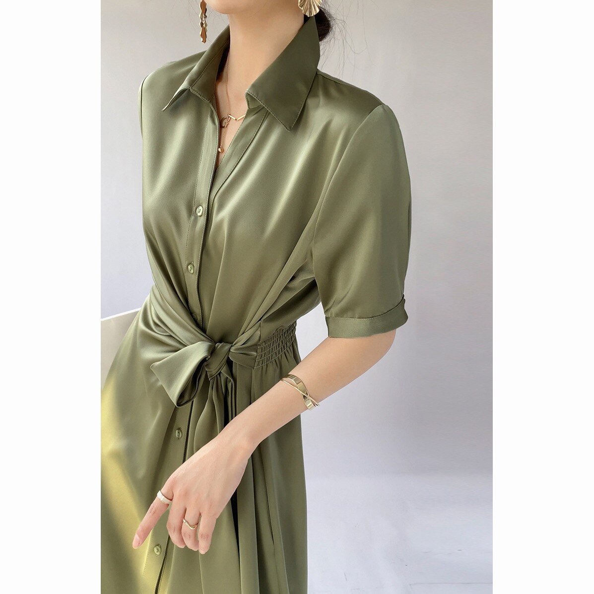 Satin Shirt Dress with Waist tie belt - Satin & Sox