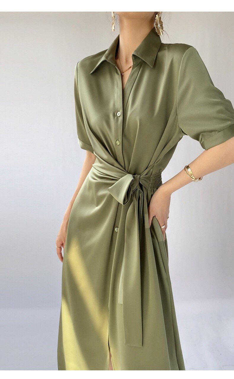 Satin Shirt Dress with Waist tie belt - Satin & Sox