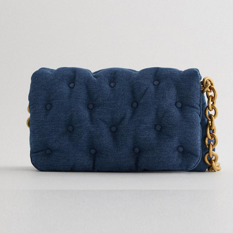 Dark Blue Chesterfield Small Handbag with Chunky Gold Chain Strap - Satin & Sox