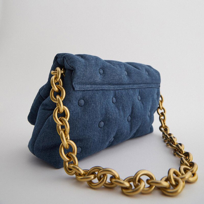 Dark Blue Chesterfield Small Handbag with Chunky Gold Chain Strap - Satin & Sox