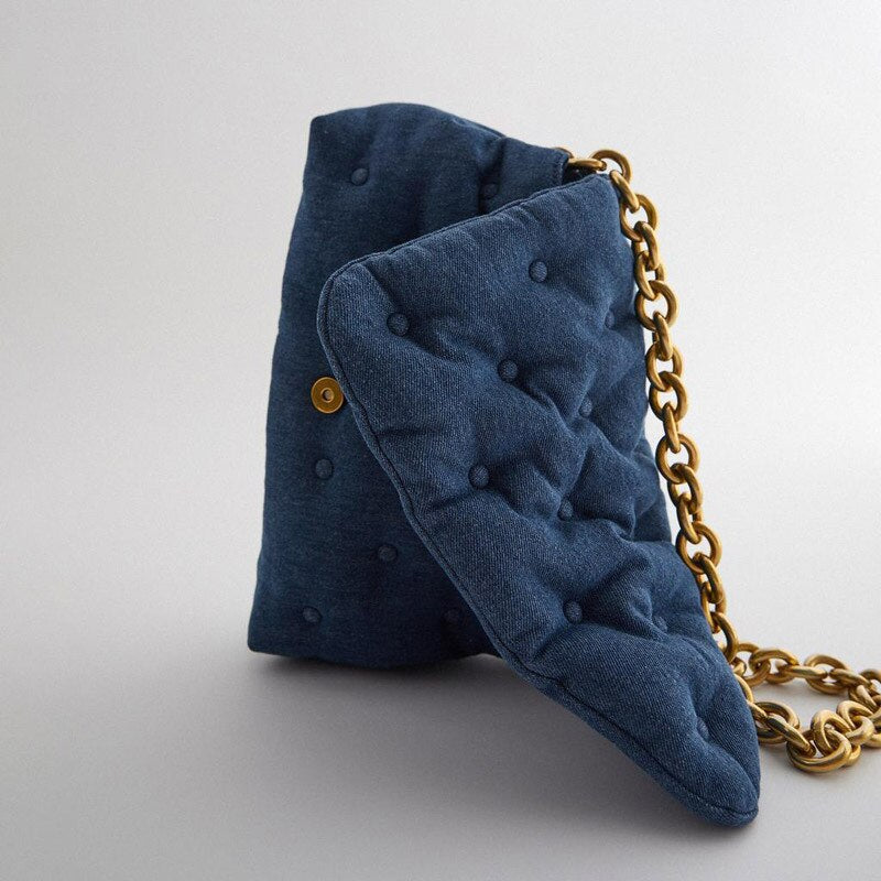 Dark Blue Chesterfield Small Handbag with Chunky Gold Chain Strap - Satin & Sox