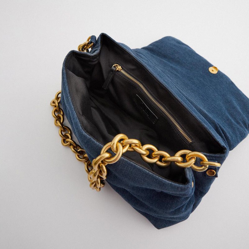 Dark Blue Chesterfield Small Handbag with Chunky Gold Chain Strap - Satin & Sox