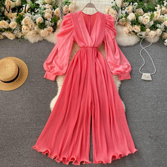 Coral pink pleated long sleeve jumpsuit - Satin & Sox