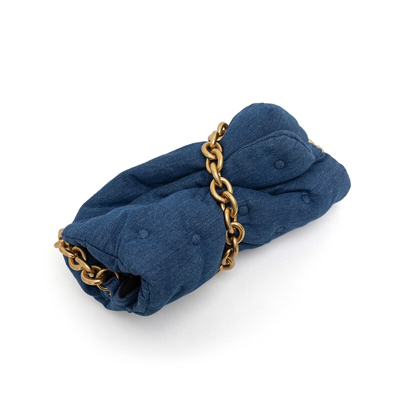 Dark Blue Chesterfield Small Handbag with Chunky Gold Chain Strap - Satin & Sox