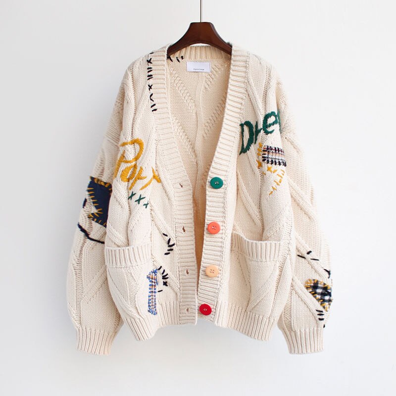 Oversized Large Knit Hand Woven Cardigan with Retro Design - Satin & Sox