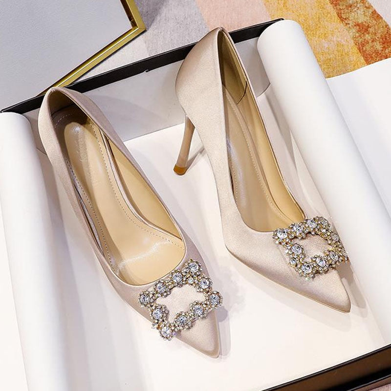 Satin Wedding Bride Court Stiletto Shoes with Rhinestone Clasp and Pointed Toe