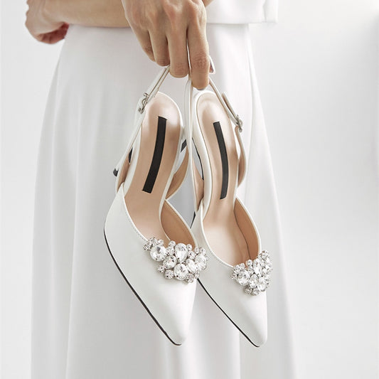 Ivory Beige Satin Pointed Toe with Rhinestone and Ankle Strap Wedding Shoes - Satin & Sox