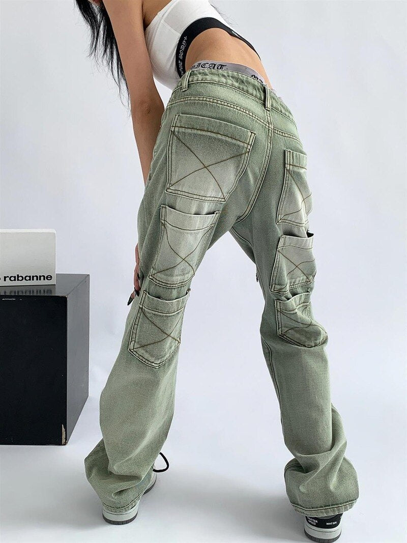 High-waisted multi-pocket denim cargo style jeans - Satin & Sox