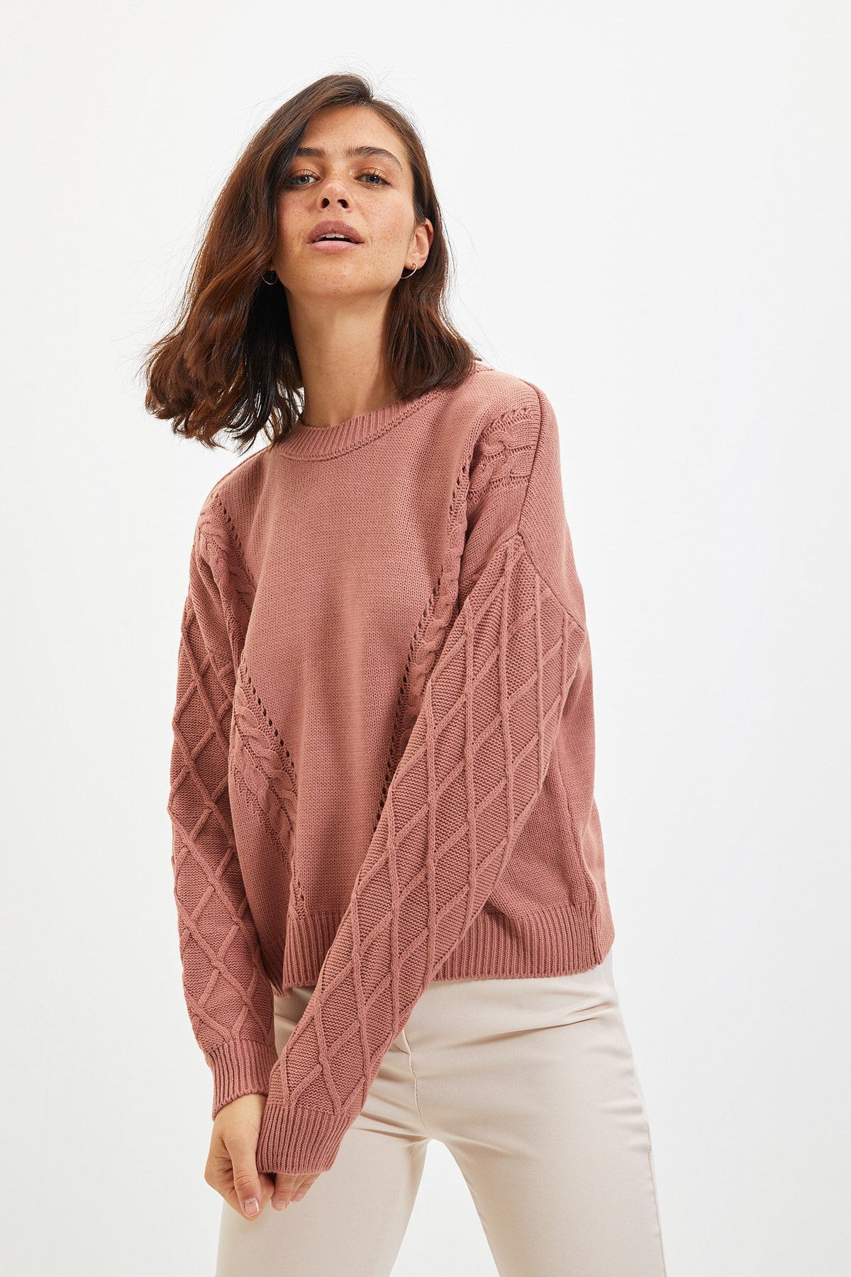 Round Neck Woven Knitted Sweater in Cream, Rose and Mint - Satin & Sox