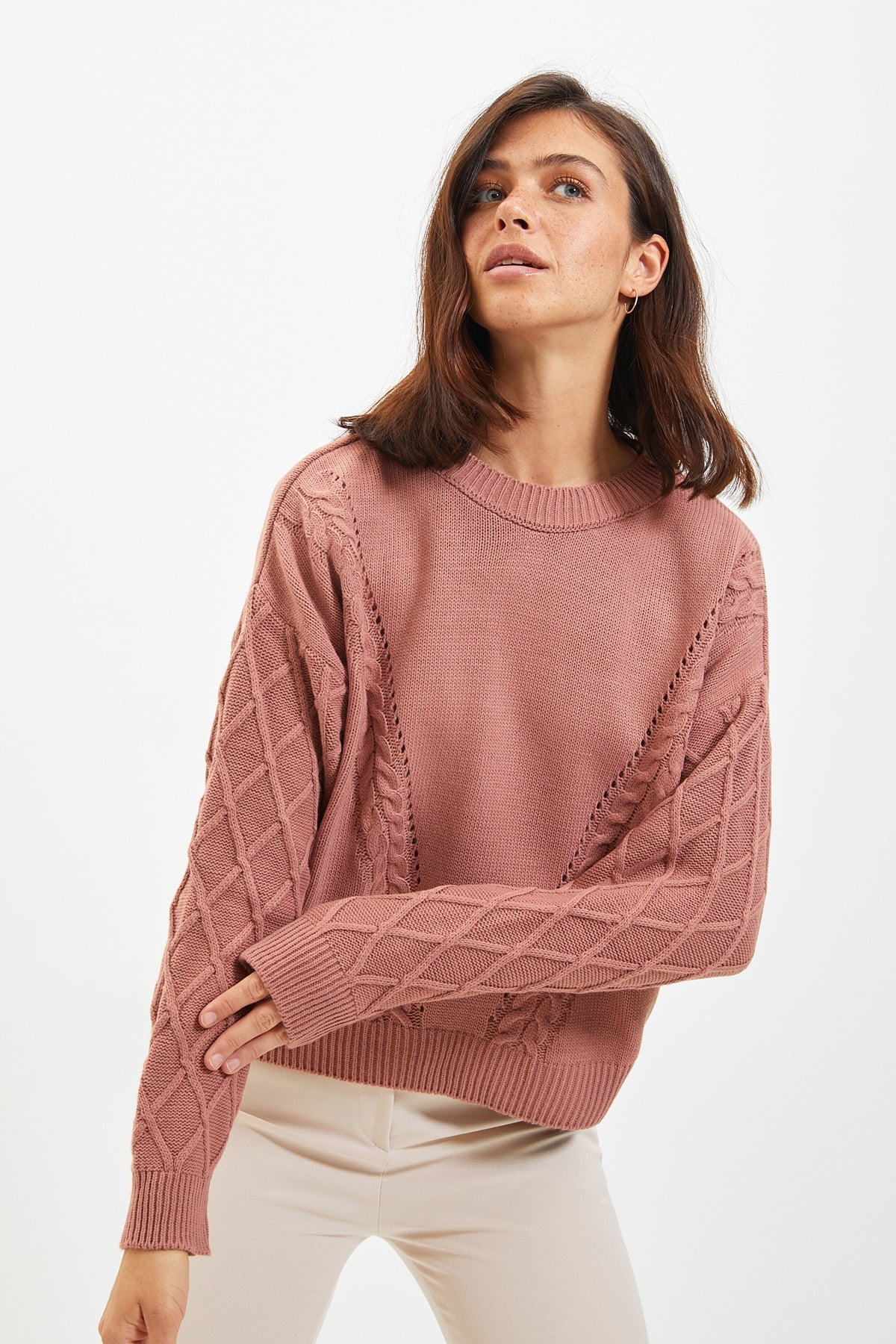 Round Neck Woven Knitted Sweater in Cream, Rose and Mint - Satin & Sox