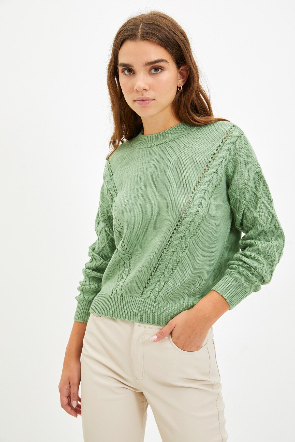 Round Neck Woven Knitted Sweater in Cream, Rose and Mint - Satin & Sox