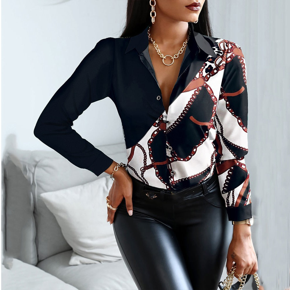 Satin Blouse with Black Chain Print - Satin & Sox