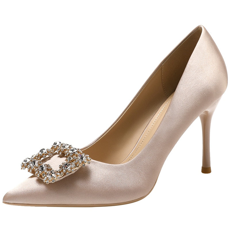 Satin Wedding Bride Court Stiletto Shoes with Rhinestone Clasp and Pointed Toe
