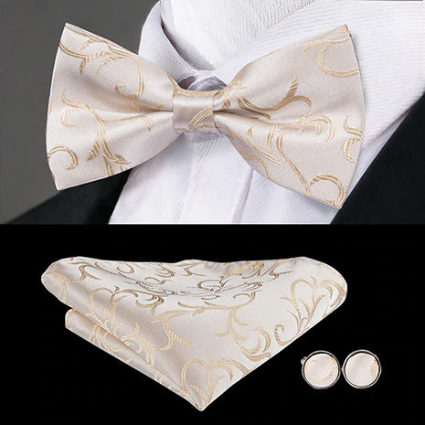 Classic Ivory and Gold Bow Tie for Men 100% Silk - Satin & Sox