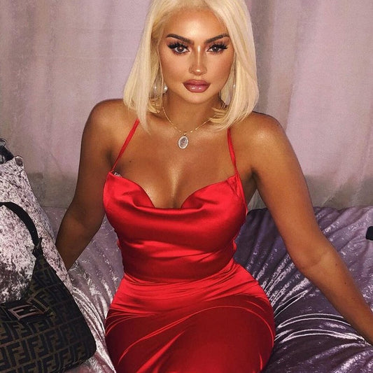 Red Backless Satin Dress by Bethany