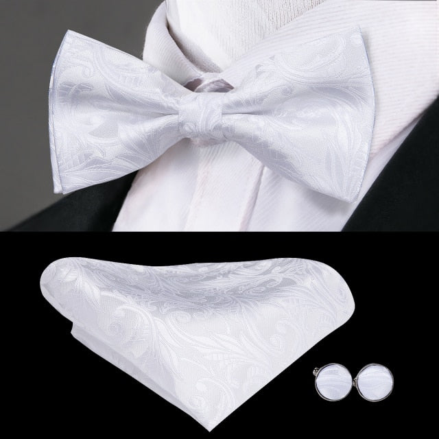 Classic White Paisley Bow Tie for Men 100% Silk - Satin & Sox